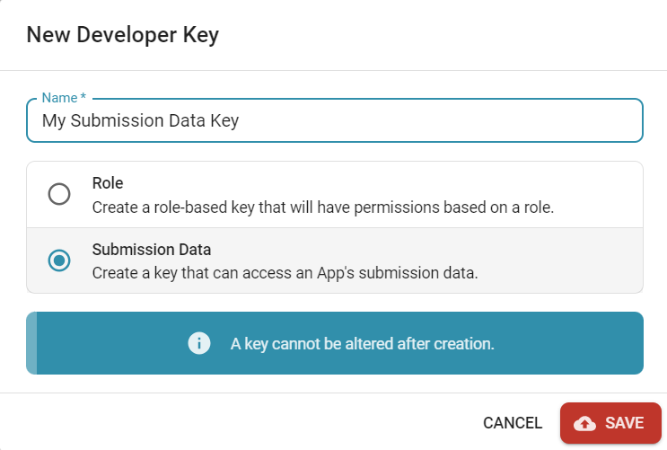 An image of a new key being generated on OneBlink Console