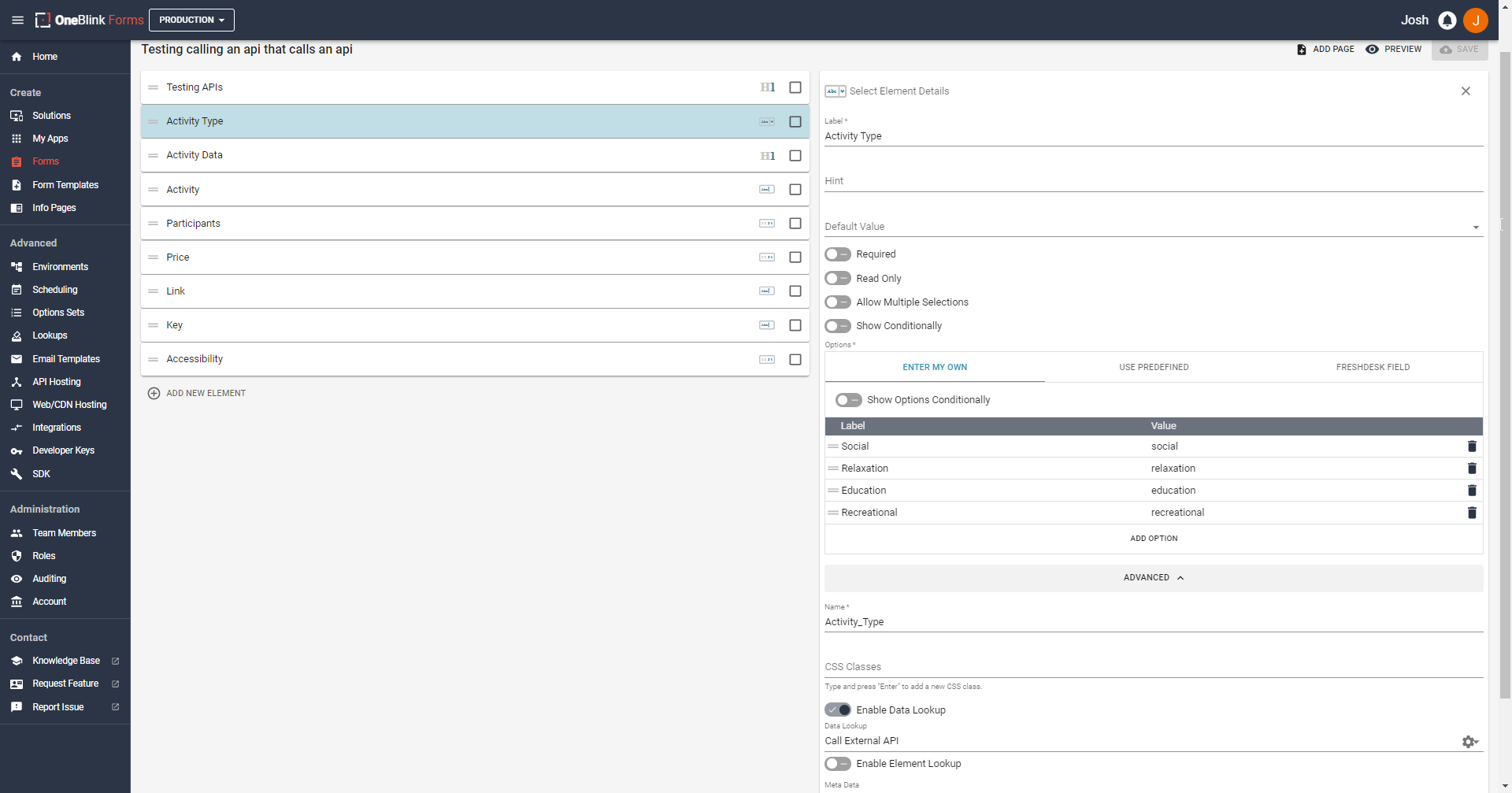 Picture of a OneBlink Console Form Element on the Form Builder page