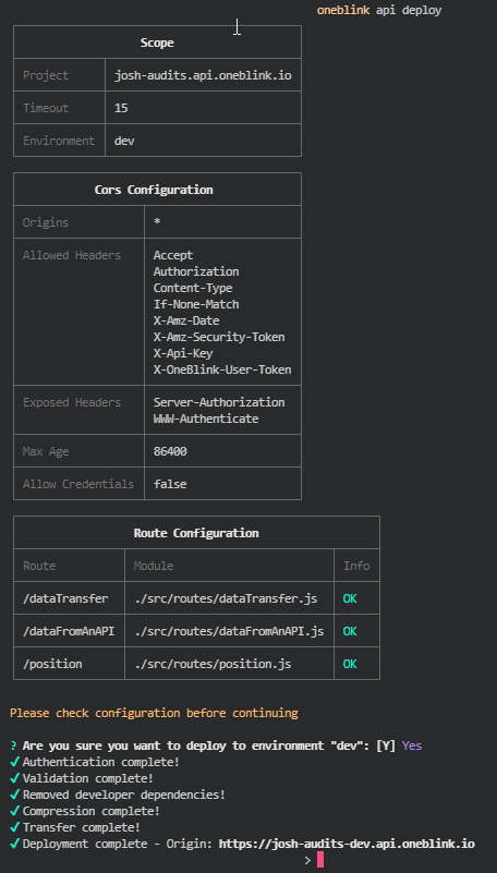 An image of a Powershell Terminal showing a successful OneBlink API deployment